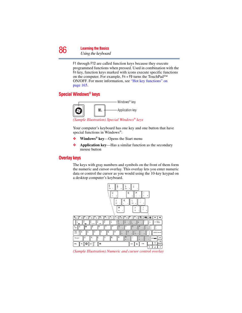 Special windows® keys, Overlay keys, Special windows | Keys | Toshiba NB250 User Manual | Page 86 / 197