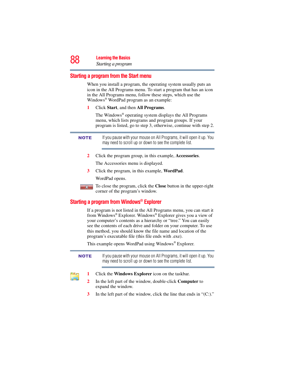 Starting a program from the start menu, Starting a program from windows® explorer, Explorer | Toshiba NB250 User Manual | Page 88 / 197