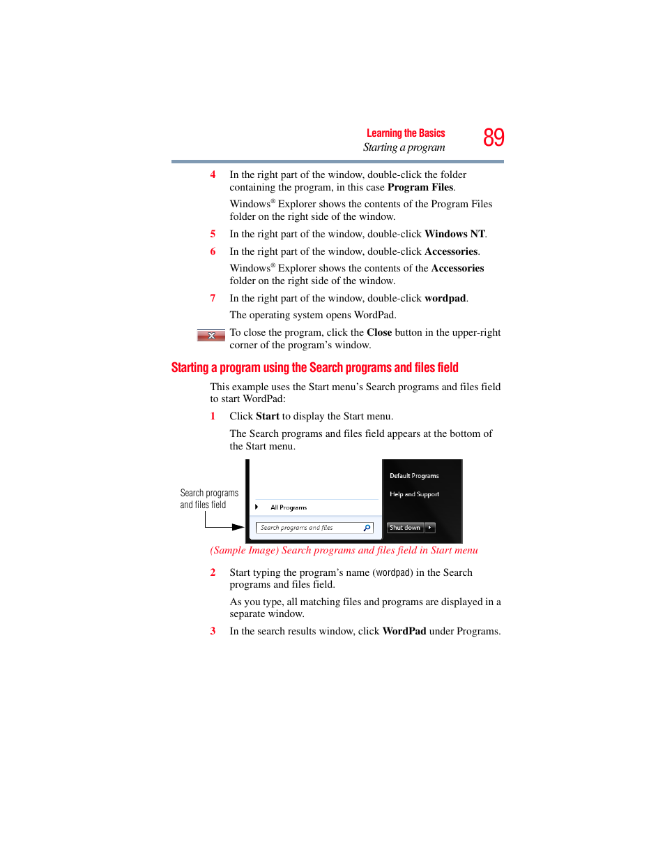 Starting a program using the search, Programs and files field | Toshiba NB250 User Manual | Page 89 / 197