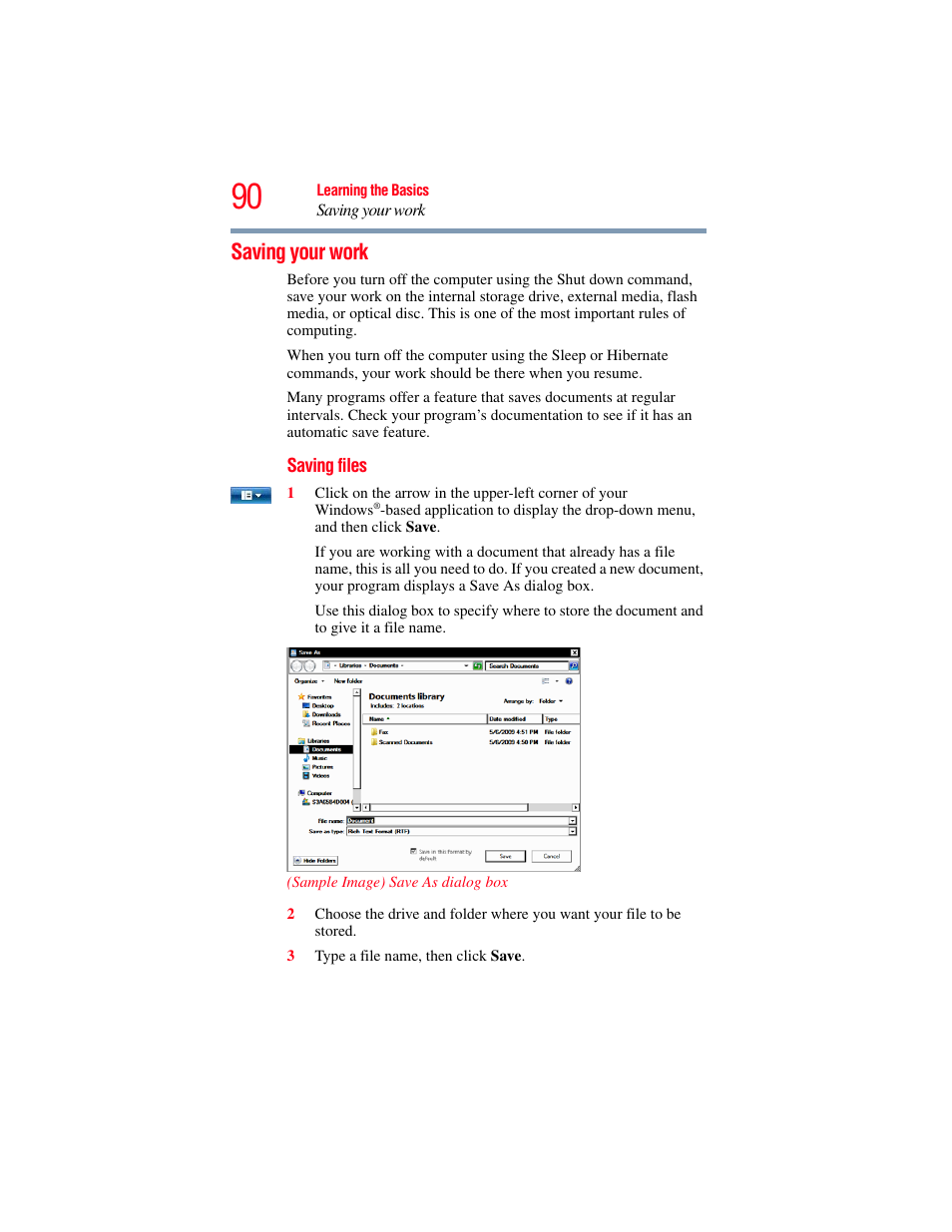 Saving your work | Toshiba NB250 User Manual | Page 90 / 197