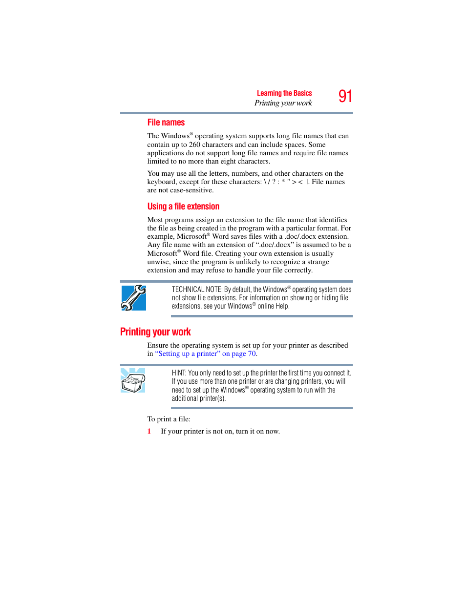 Printing your work | Toshiba NB250 User Manual | Page 91 / 197