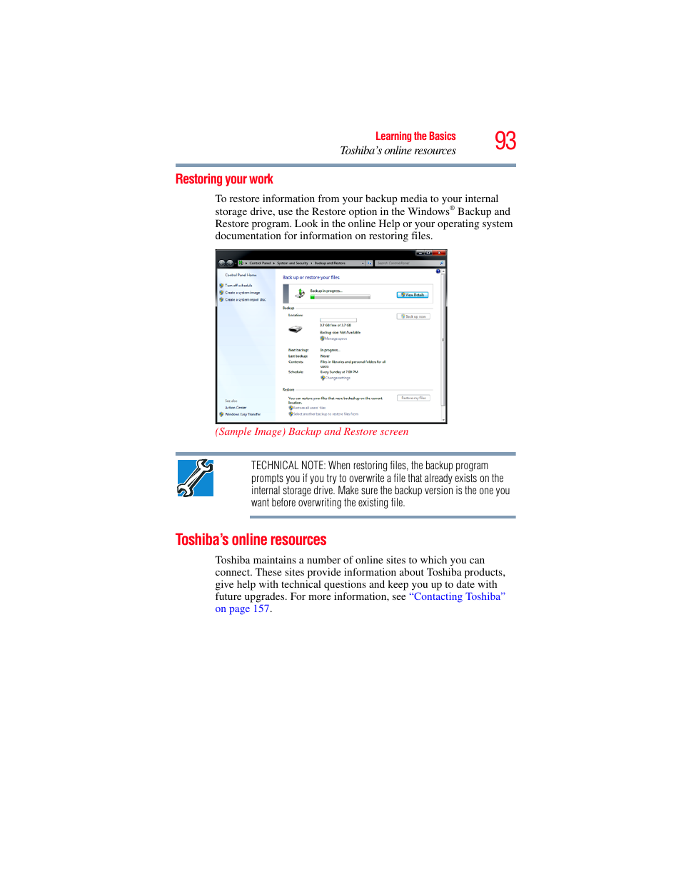 Restoring your work, Toshiba’s online resources | Toshiba NB250 User Manual | Page 93 / 197