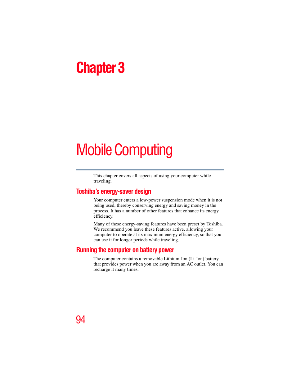 Chapter 3: mobile computing, Toshiba’s energy-saver design, Running the computer on battery power | Mobile computing, Chapter 3 | Toshiba NB250 User Manual | Page 94 / 197