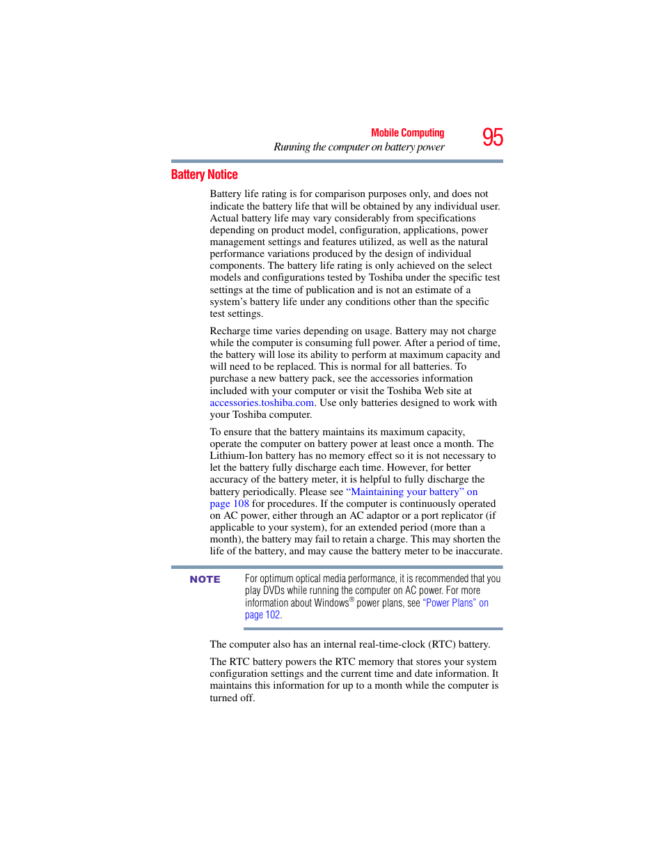 Battery notice | Toshiba NB250 User Manual | Page 95 / 197