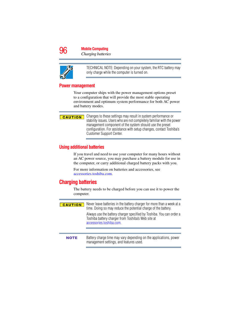 Power management, Using additional batteries, Charging batteries | Power management using additional batteries | Toshiba NB250 User Manual | Page 96 / 197