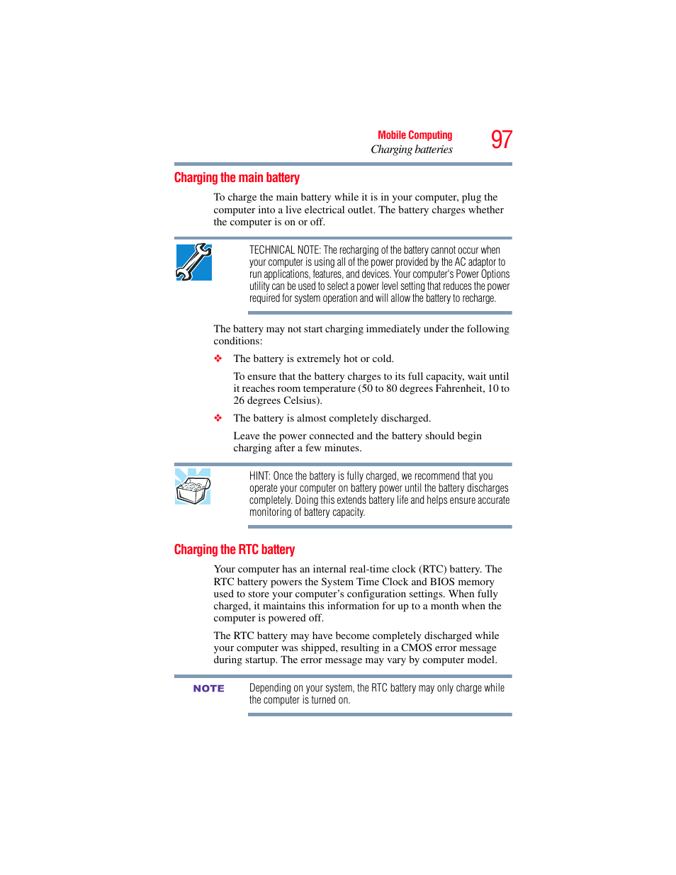 Charging the main battery, Charging the rtc battery, Charging the main battery charging the rtc battery | Toshiba NB250 User Manual | Page 97 / 197