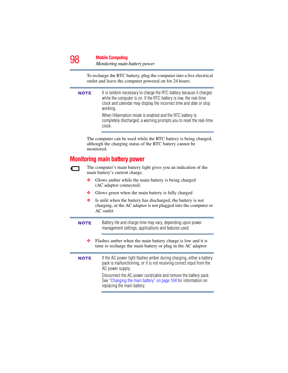 Monitoring main battery power | Toshiba NB250 User Manual | Page 98 / 197