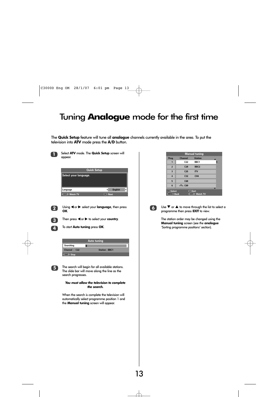 Tuning analogue mode for the first time | Toshiba 32 60cm User Manual | Page 11 / 40