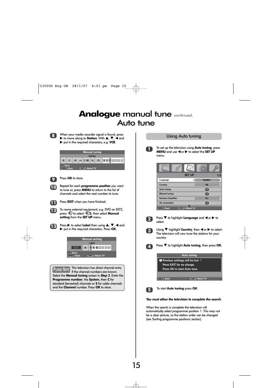 Analogue manual tune, Auto tune | Toshiba 32 60cm User Manual | Page 13 / 40