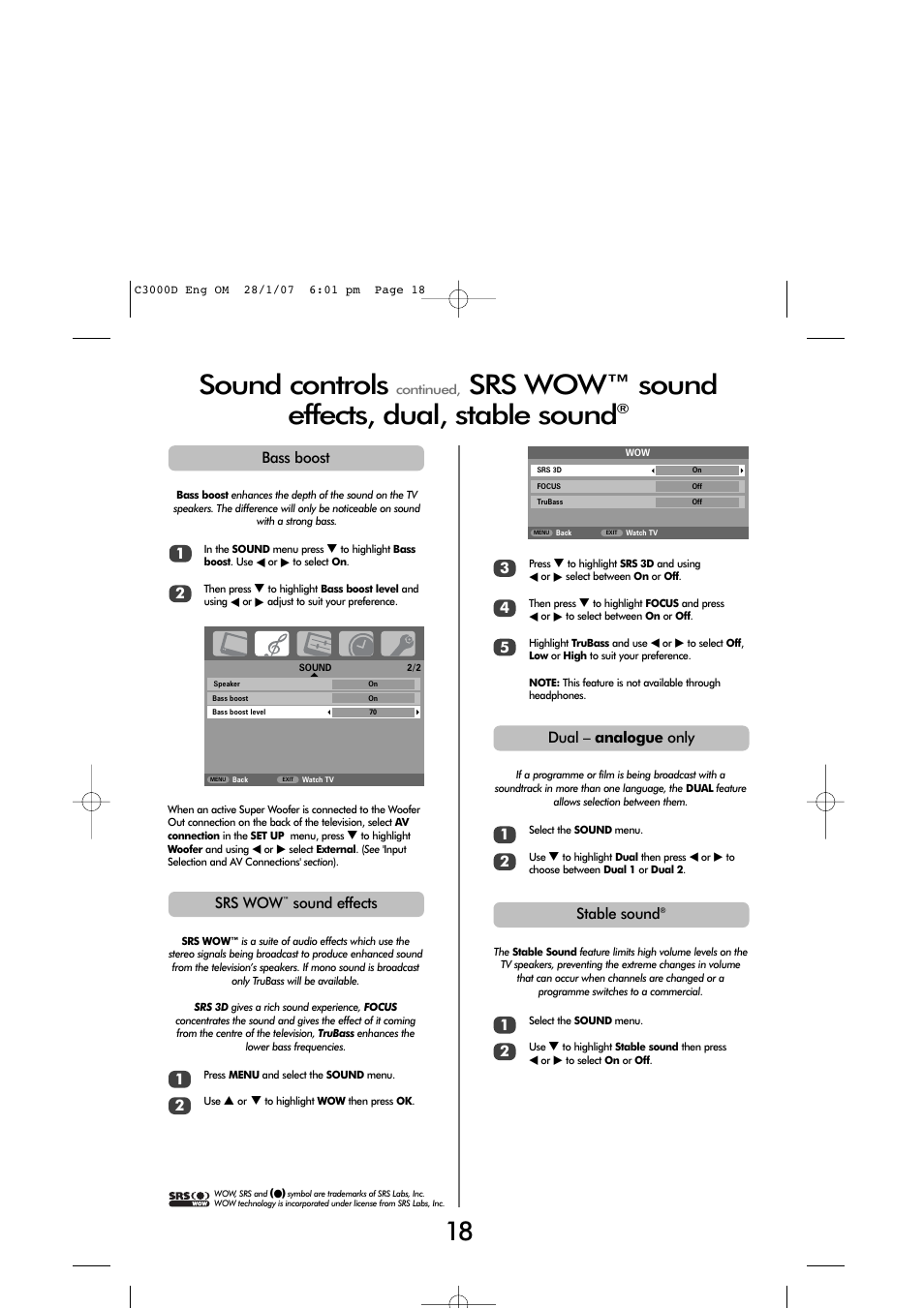 Sound controls, Srs wow™ sound effects, dual, stable sound | Toshiba 32 60cm User Manual | Page 16 / 40