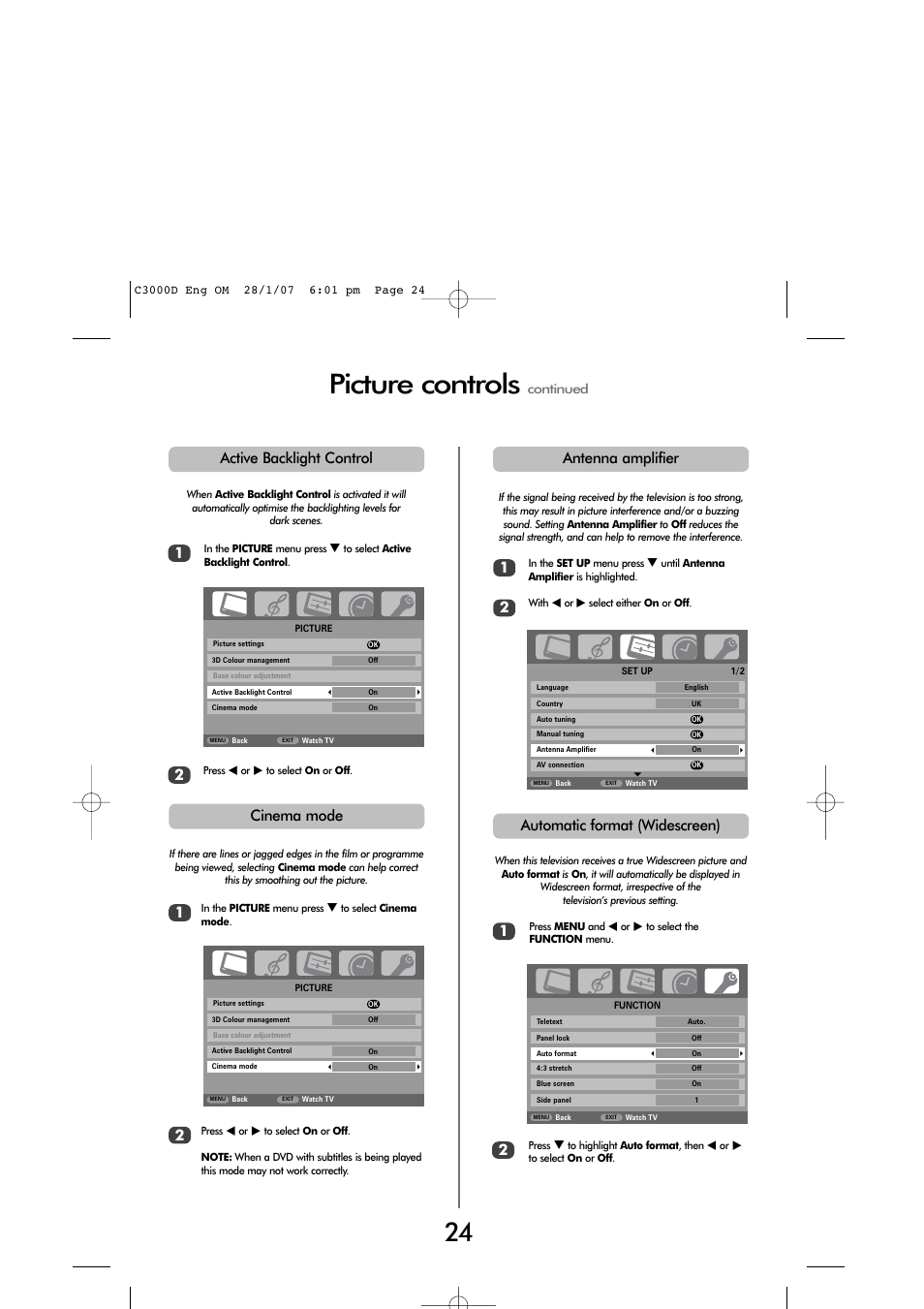 Picture controls, Cinema mode, Antenna amplifier 1 2 | Active backlight control, Automatic format (widescreen) | Toshiba 32 60cm User Manual | Page 22 / 40