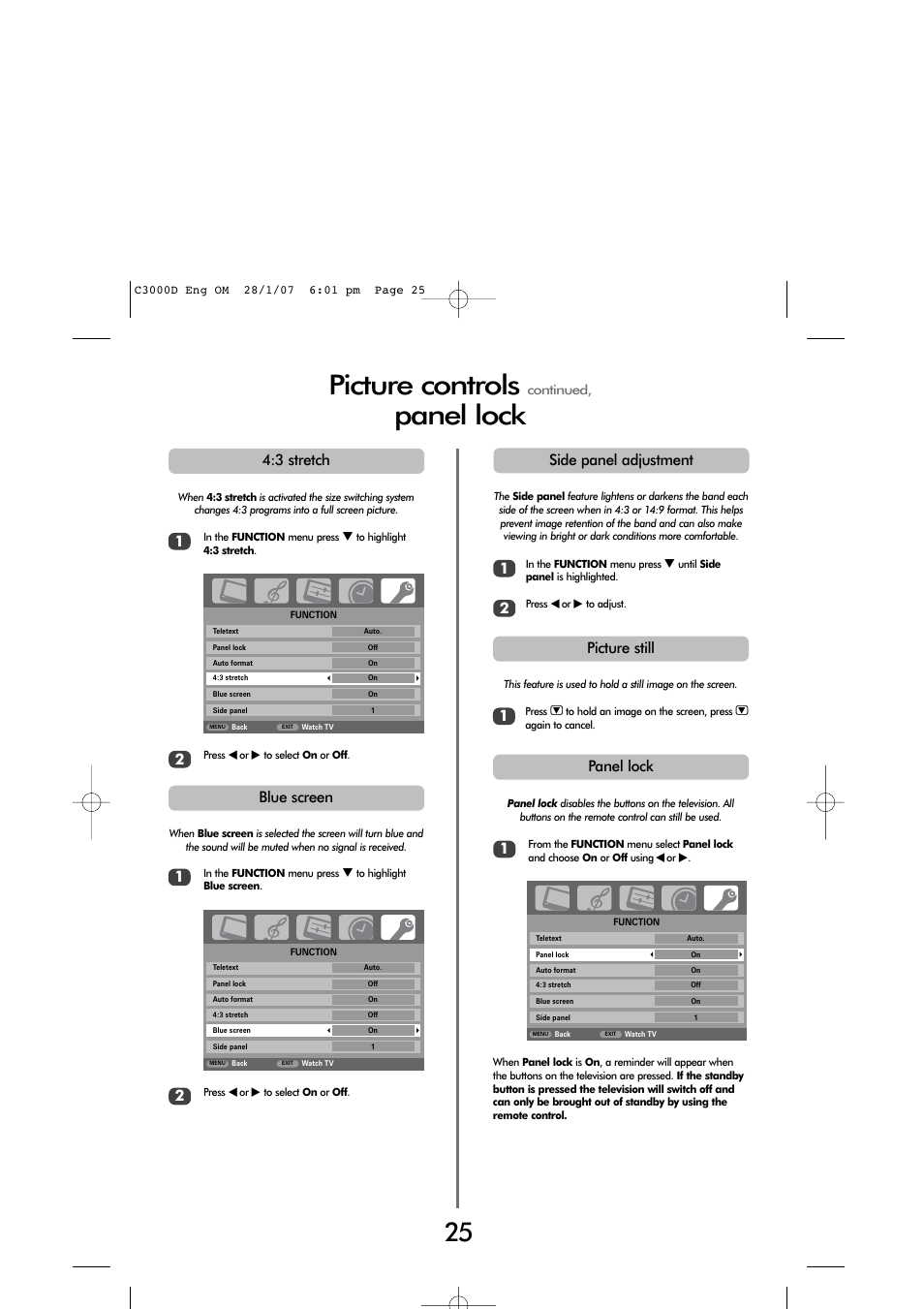 Picture controls, Panel lock, Panel lock 1 | 3 stretch, 12 side panel adjustment, 1picture still blue screen | Toshiba 32 60cm User Manual | Page 23 / 40