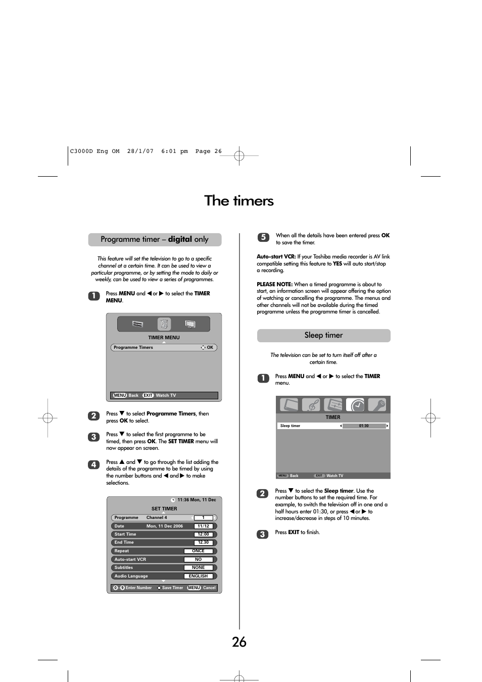 The timers | Toshiba 32 60cm User Manual | Page 24 / 40