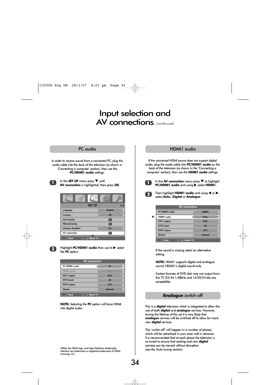 Input selection and av connections, Hdmi1 audio, Pc audio 1 | Analogue switch-off | Toshiba 32 60cm User Manual | Page 32 / 40