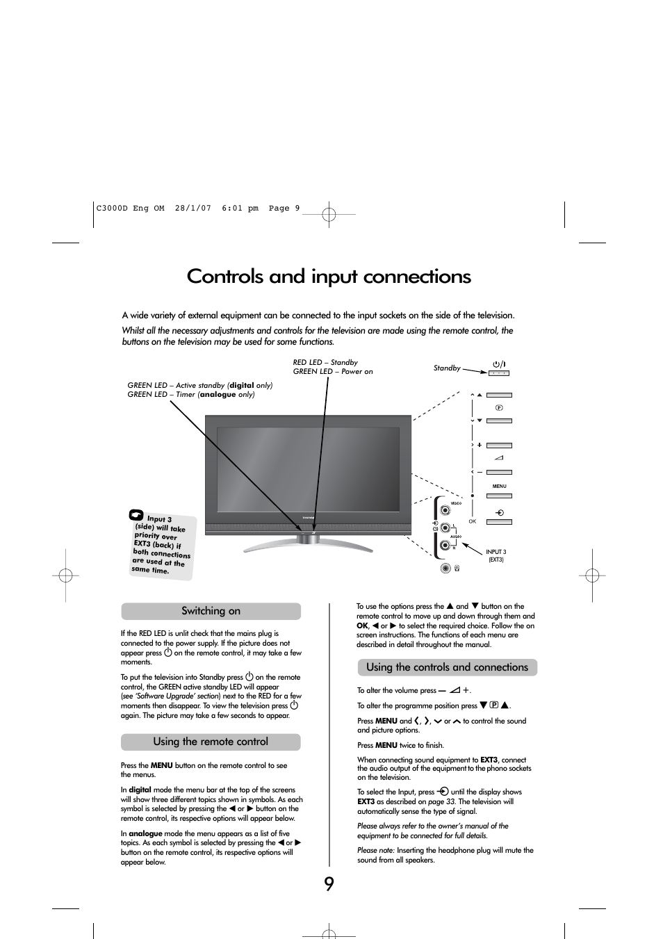 Controls and input connections | Toshiba 32 60cm User Manual | Page 7 / 40