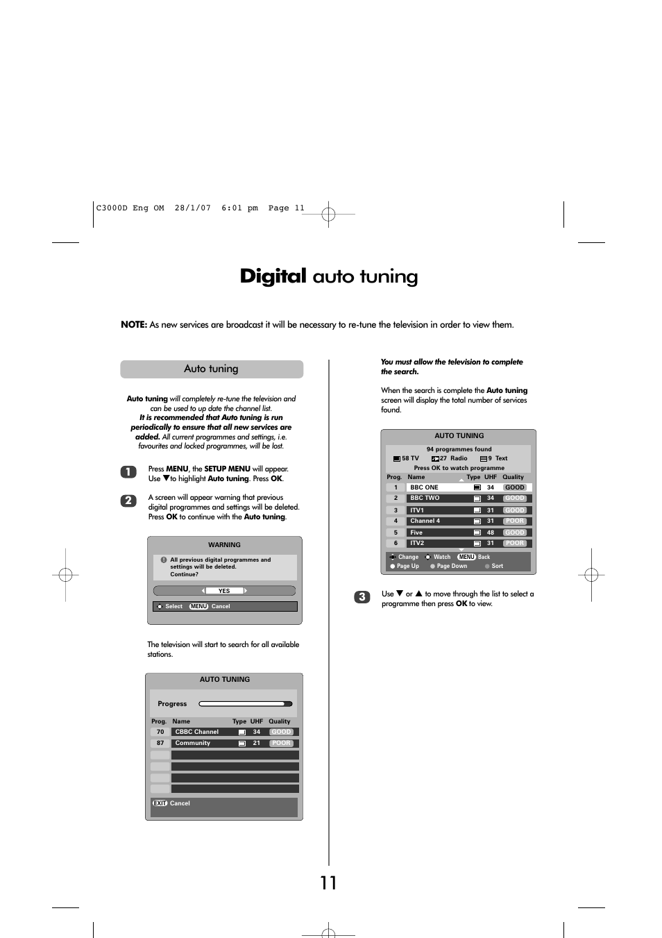 Digital auto tuning, Auto tuning 1 | Toshiba 32 60cm User Manual | Page 9 / 40