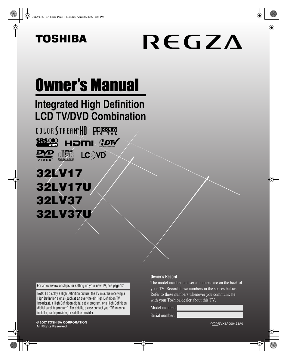 Toshiba 32LV37 User Manual | 78 pages
