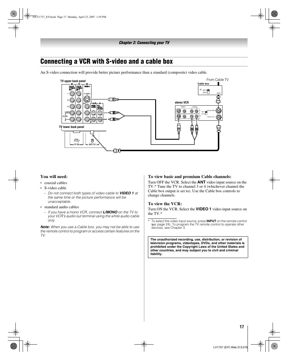 Connecting a vcr with s-video and a cable box, You will need, Chapter 2: connecting your tv | Coaxial cables, S-video cable, Standard audio cables | Toshiba 32LV37 User Manual | Page 17 / 78