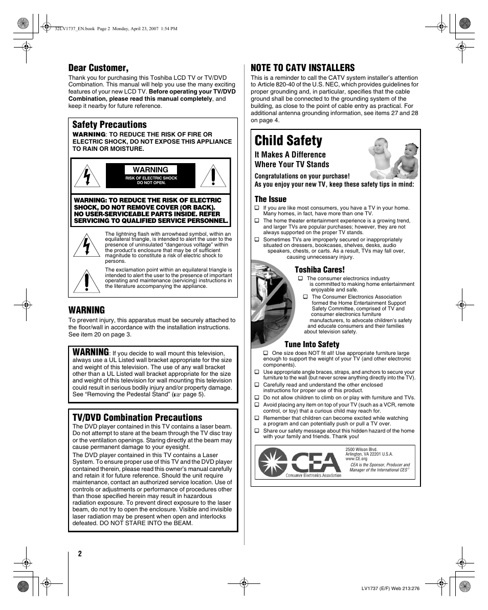 Child safety, Dear customer, Warning | Safety precautions, Tv/dvd combination precautions, It makes a difference where your tv stands, The issue, Toshiba cares, Tune into safety | Toshiba 32LV37 User Manual | Page 2 / 78
