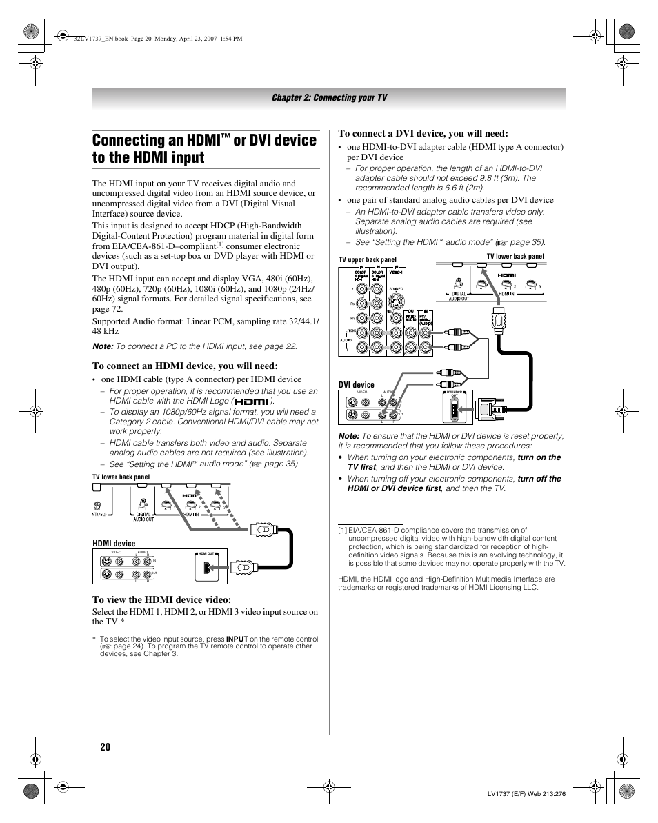 Connecting an hdmi, Or dvi device to the hdmi input | Toshiba 32LV37 User Manual | Page 20 / 78