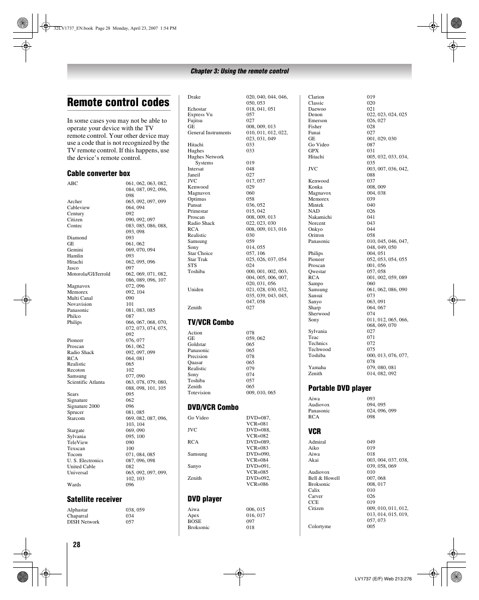 Remote control codes, Cable converter box, Satellite receiver | Tv/vcr combo, Dvd/vcr combo, Dvd player, Portable dvd player | Toshiba 32LV37 User Manual | Page 28 / 78
