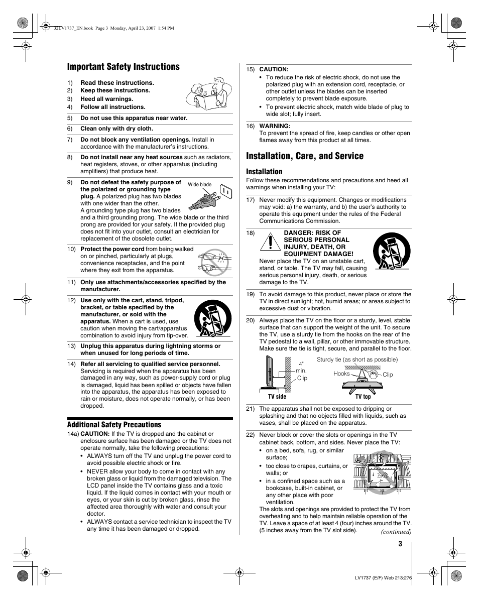 Important safety instructions, Installation, care, and service, Additional safety precautions | Installation | Toshiba 32LV37 User Manual | Page 3 / 78