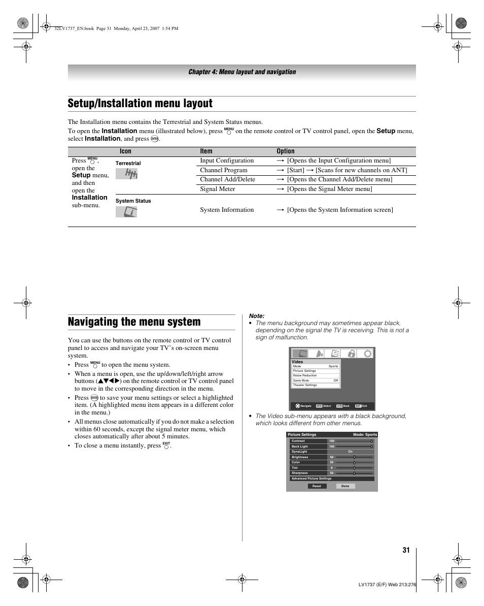 Setup/installation menu layout, Navigating the menu system | Toshiba 32LV37 User Manual | Page 31 / 78