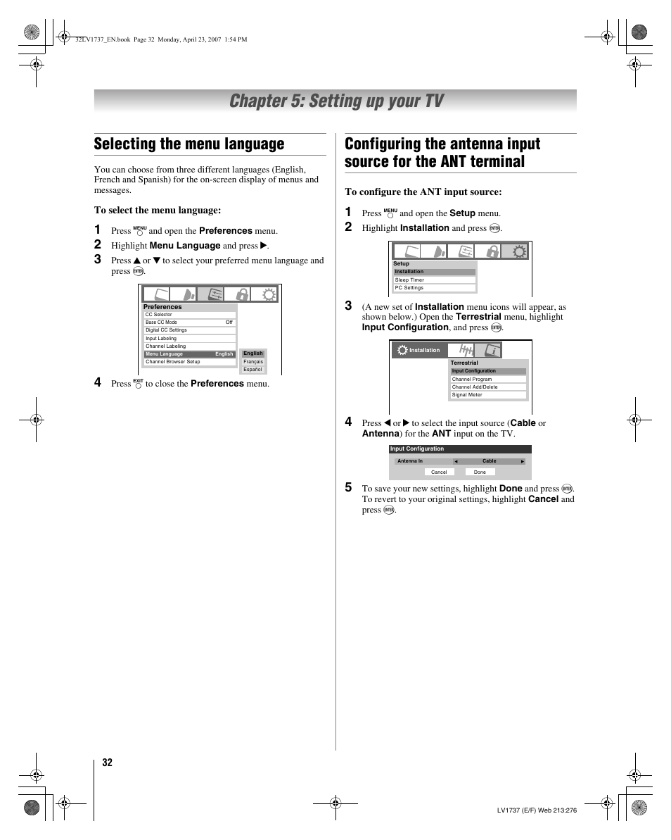 Chapter 5: setting up your tv, Selecting the menu language | Toshiba 32LV37 User Manual | Page 32 / 78