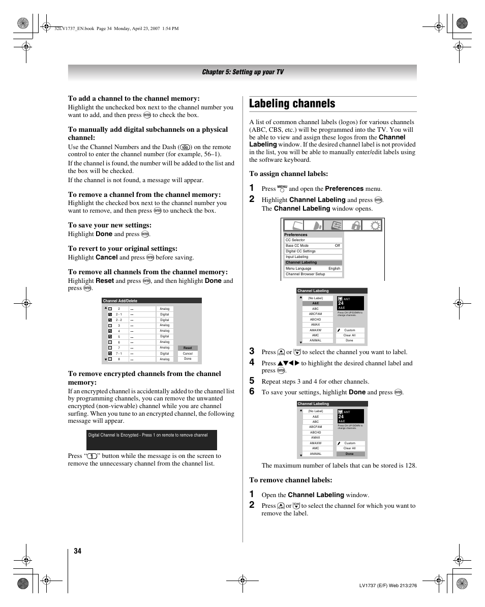 Labeling channels | Toshiba 32LV37 User Manual | Page 34 / 78
