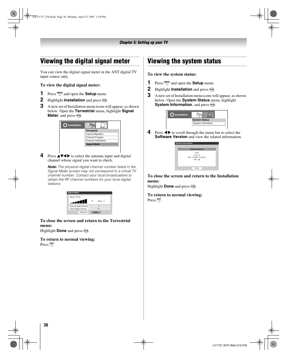 Viewing the digital signal meter, Viewing the system status | Toshiba 32LV37 User Manual | Page 36 / 78