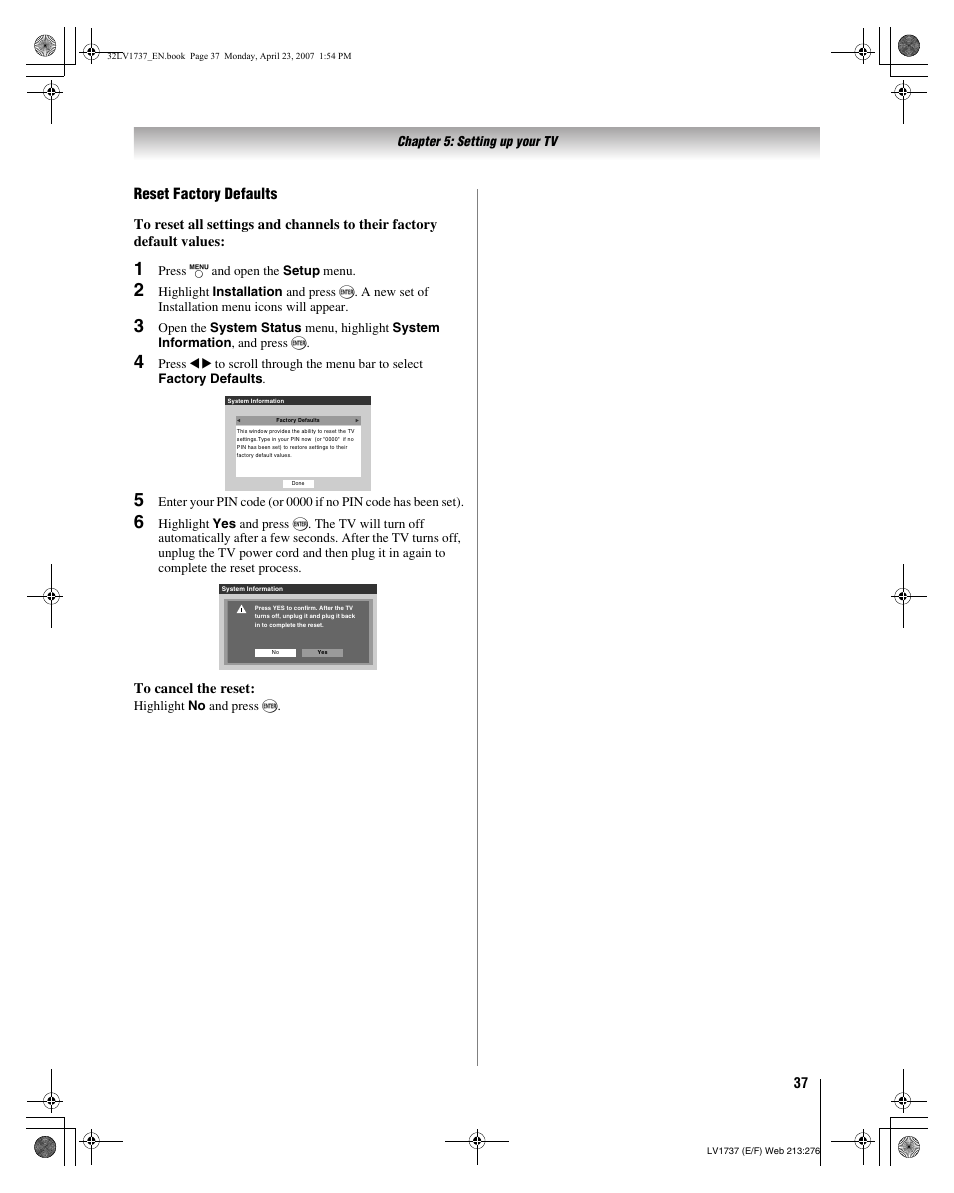 Reset factory defaults | Toshiba 32LV37 User Manual | Page 37 / 78
