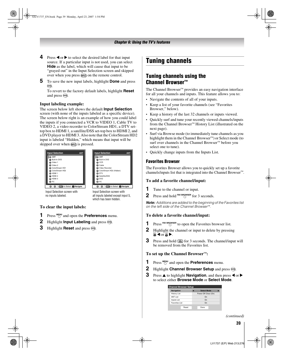 Tuning channels, Tuning channels using the channel browser, Favorites browser | Input labeling example | Toshiba 32LV37 User Manual | Page 39 / 78