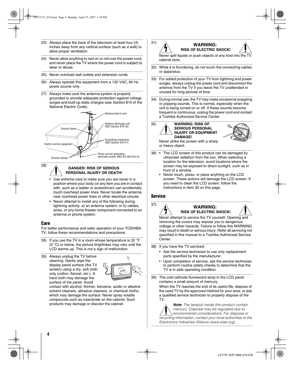 Care, Service | Toshiba 32LV37 User Manual | Page 4 / 78