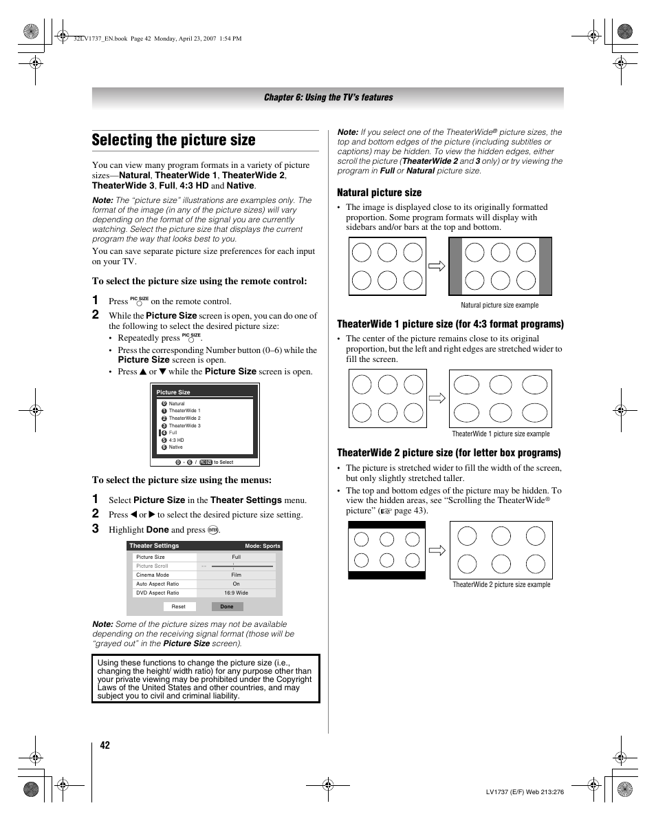 Selecting the picture size, Natural picture size | Toshiba 32LV37 User Manual | Page 42 / 78
