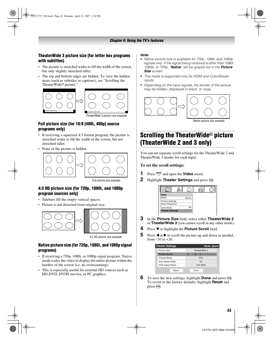 Scrolling the theaterwide, Picture (theaterwide 2 and 3 only) | Toshiba 32LV37 User Manual | Page 43 / 78