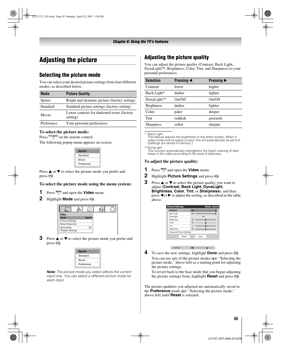 Adjusting the picture, Selecting the picture mode, Adjusting the picture quality | Toshiba 32LV37 User Manual | Page 45 / 78