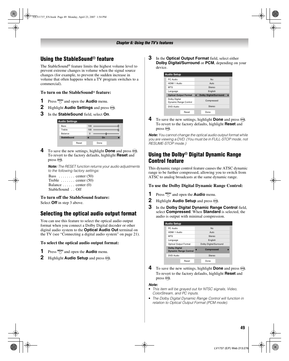 Using the stablesound, Feature, Selecting the optical audio output format | Using the dolby, Digital dynamic range control feature | Toshiba 32LV37 User Manual | Page 49 / 78