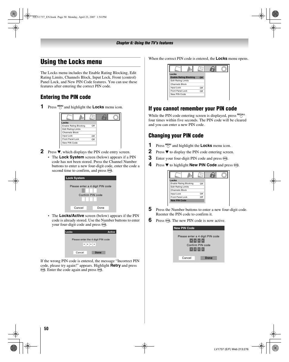 Using the locks menu, Entering the pin code 1, If you cannot remember your pin code | Changing your pin code 1 | Toshiba 32LV37 User Manual | Page 50 / 78