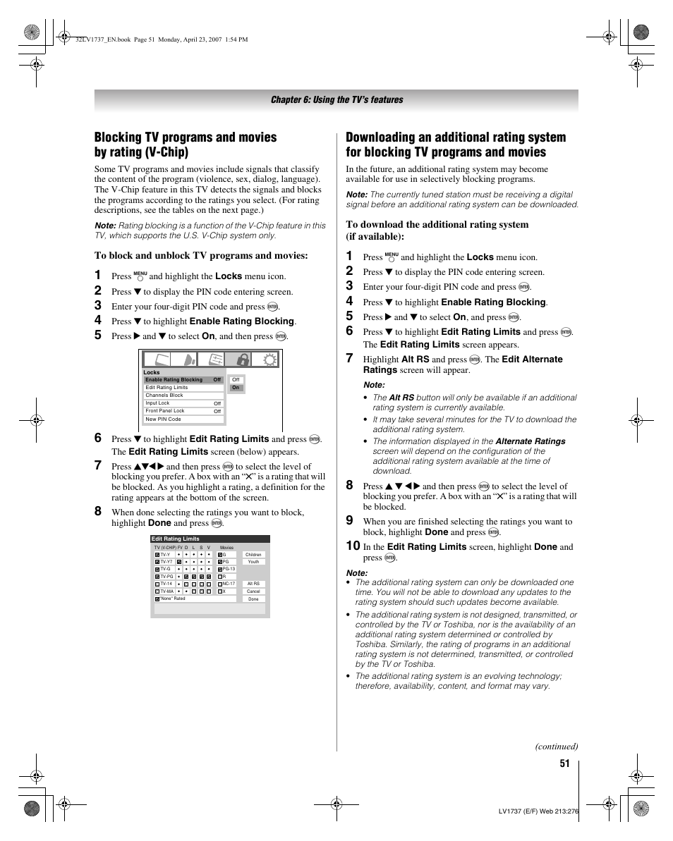 Blocking tv programs and movies by rating (v-chip) | Toshiba 32LV37 User Manual | Page 51 / 78