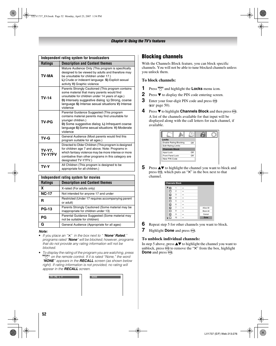 Blocking channels | Toshiba 32LV37 User Manual | Page 52 / 78