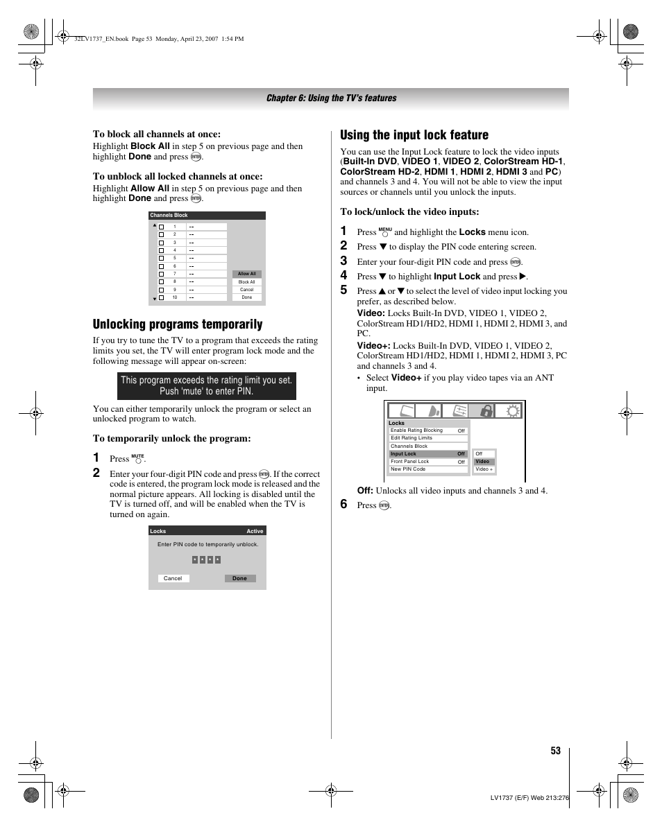 Unlocking programs temporarily, Using the input lock feature | Toshiba 32LV37 User Manual | Page 53 / 78