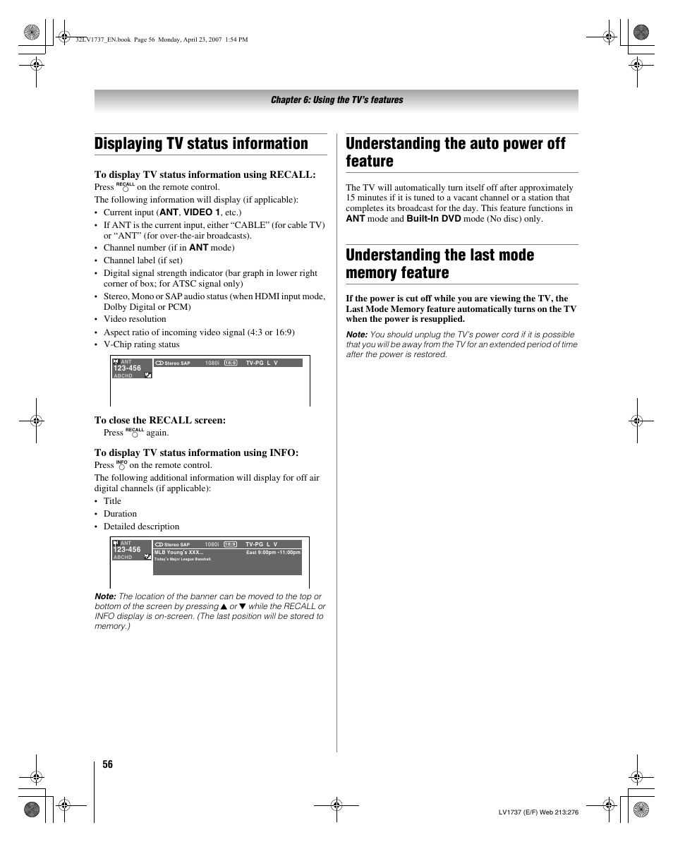 Displaying tv status information, Understanding the auto power off feature | Toshiba 32LV37 User Manual | Page 56 / 78