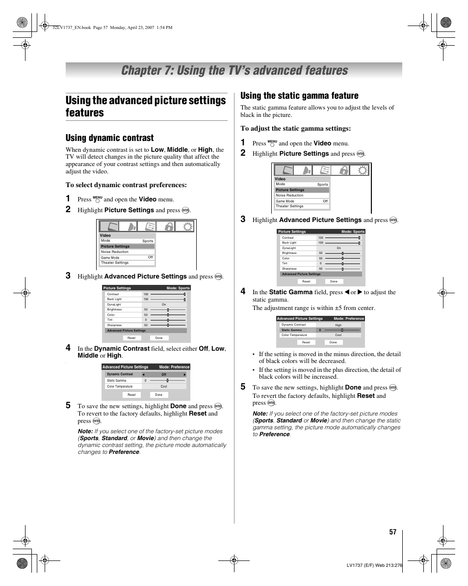 Chapter 7: using the tv’s advanced features, Using the advanced picture settings features, Using dynamic contrast | Using the static gamma feature | Toshiba 32LV37 User Manual | Page 57 / 78