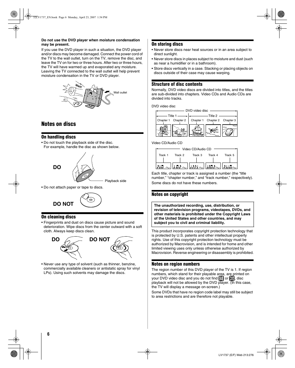 Do do not do do not, On handling discs, On cleaning discs | On storing discs, Structure of disc contents | Toshiba 32LV37 User Manual | Page 6 / 78