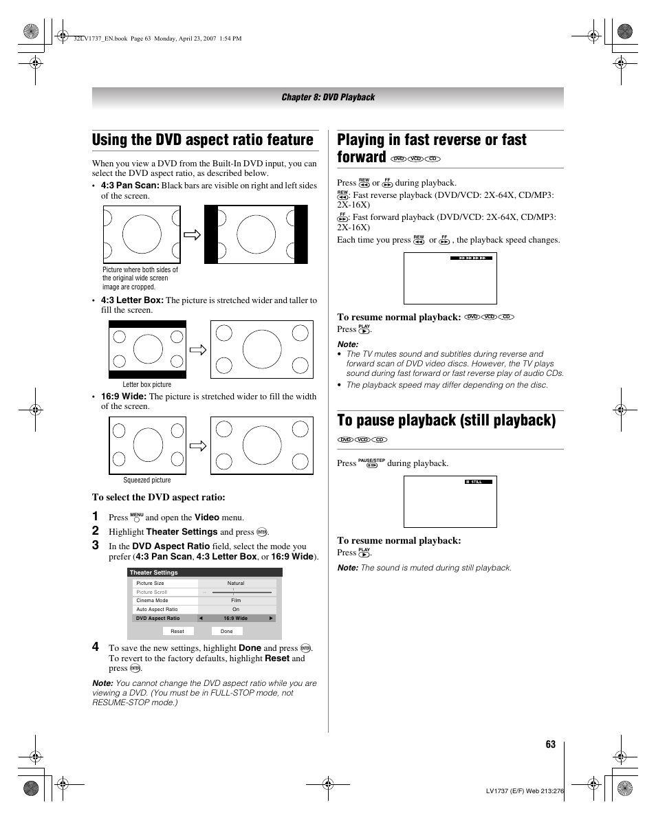 Using the dvd aspect ratio feature, Playing in fast reverse or fast forward | Toshiba 32LV37 User Manual | Page 63 / 78