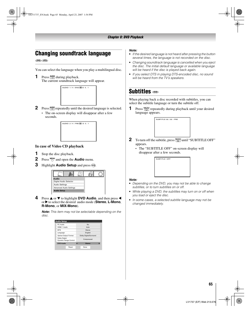 Changing soundtrack language, Subtitles | Toshiba 32LV37 User Manual | Page 65 / 78