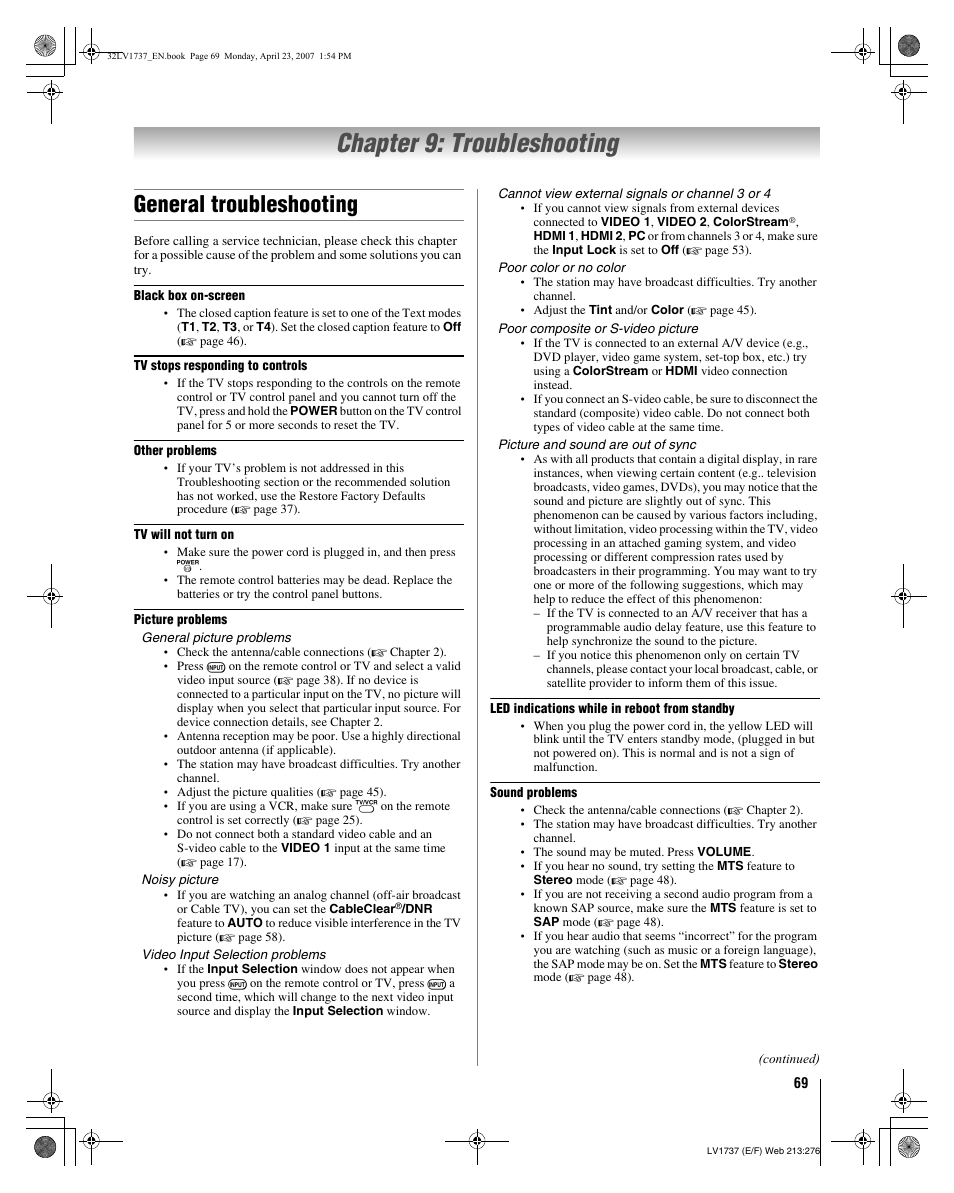 Chapter 9: troubleshooting, General troubleshooting | Toshiba 32LV37 User Manual | Page 69 / 78