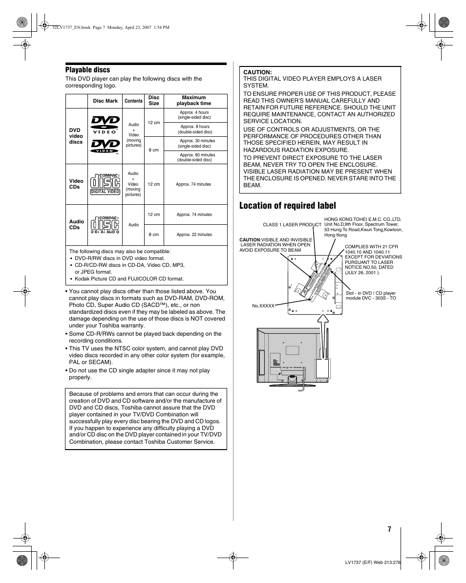 Location of required label, Playable discs | Toshiba 32LV37 User Manual | Page 7 / 78