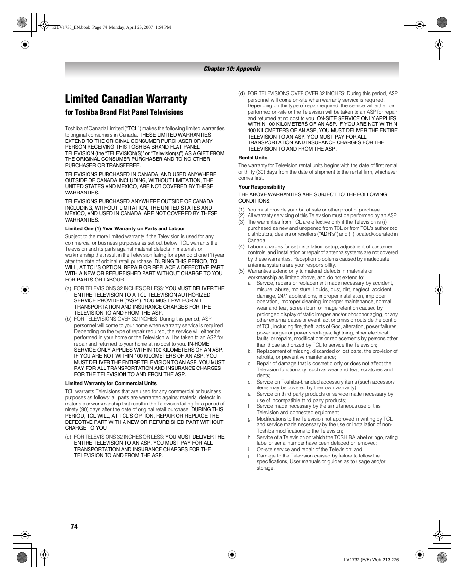 Limited canadian warranty | Toshiba 32LV37 User Manual | Page 74 / 78