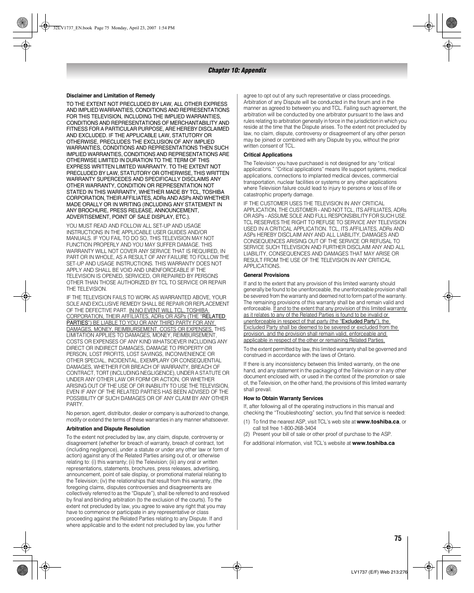 Toshiba 32LV37 User Manual | Page 75 / 78